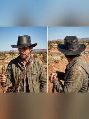 Men's Dark Brown Leather Outback Hat - Classic Wide Brim